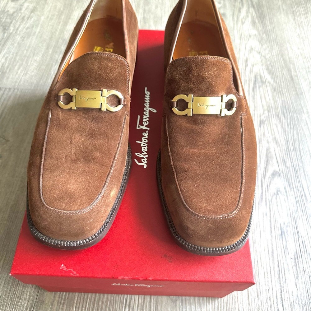 Salvatore Ferragamo Brown Suede Loafers with Gold Hardware 11